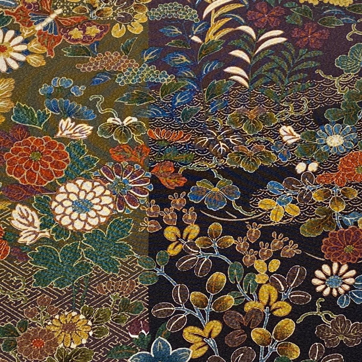 名古屋帯 美品 秀品 菊 有職文様 縮緬 金彩 焦茶色 正絹 中古