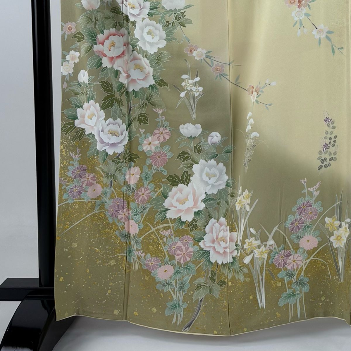 訪問着 身丈165cm 裄丈68cm L 袷 牡丹 菊 金彩 染め分け 灰緑 正絹