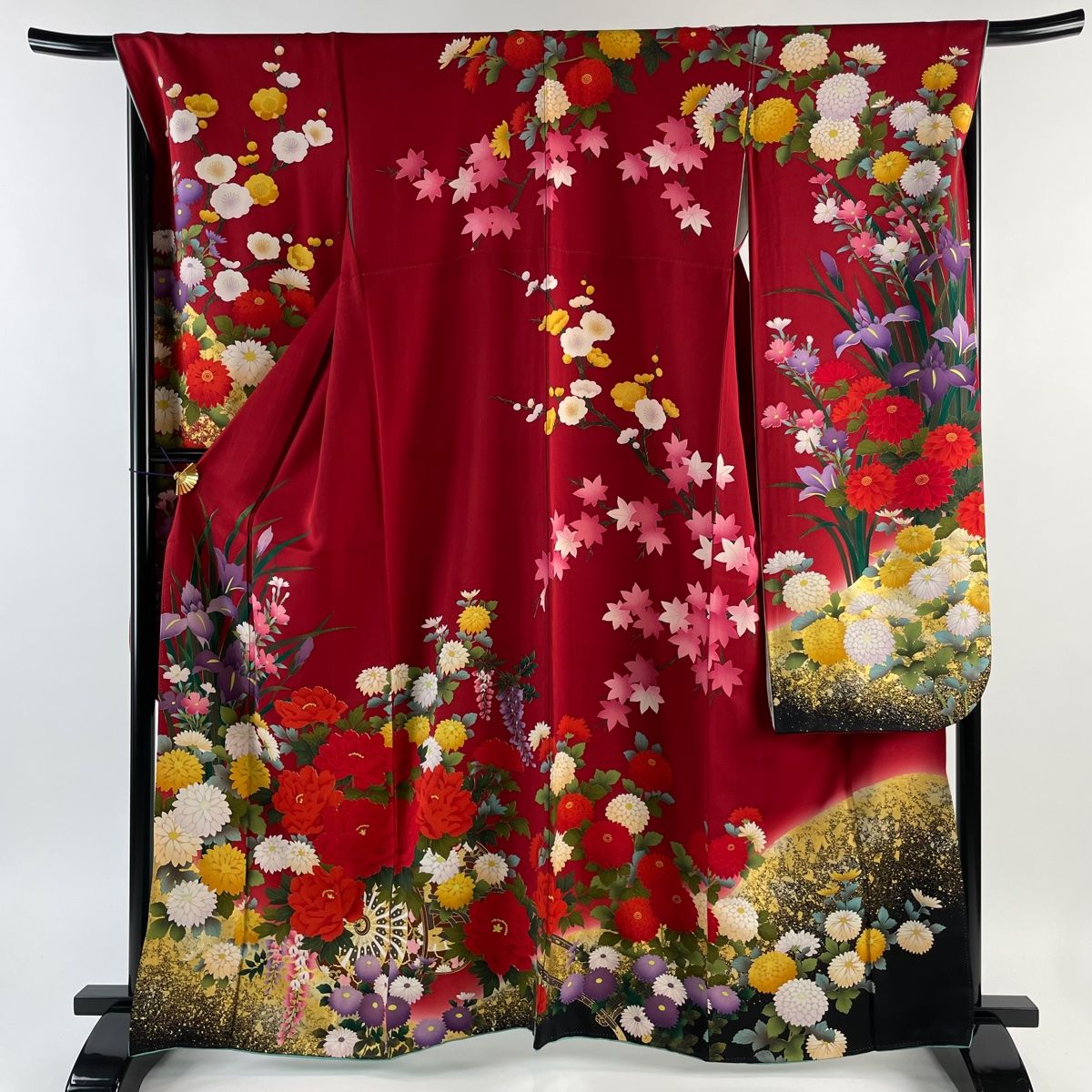 振袖 身丈162.5cm 裄丈69.5cm L 袷 草花 花車 金彩 赤 正絹 名品 【 