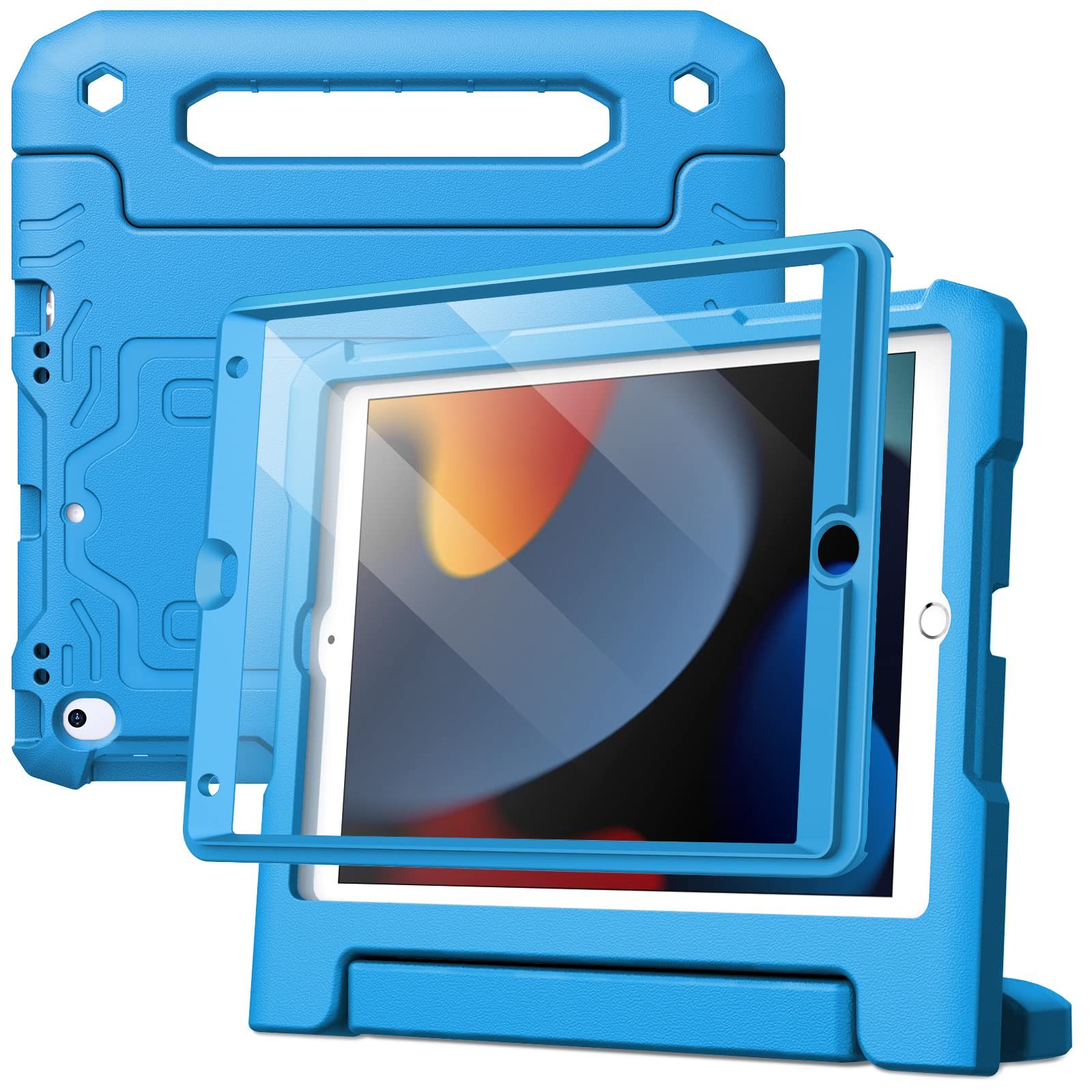 在庫 子供用 iPad 10.2インチ JEDirect ケース 第9|8|7世代 2021|2020|2019 液晶保護フィルム付き 耐衝撃 フルボディハンドルスタンド タブレット保護カバー ブルー
