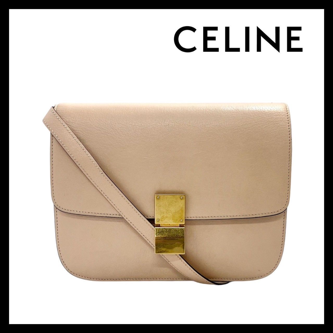 M【CELINE】クラシックボックス ショルダーバッグ レザー グレージュ系 