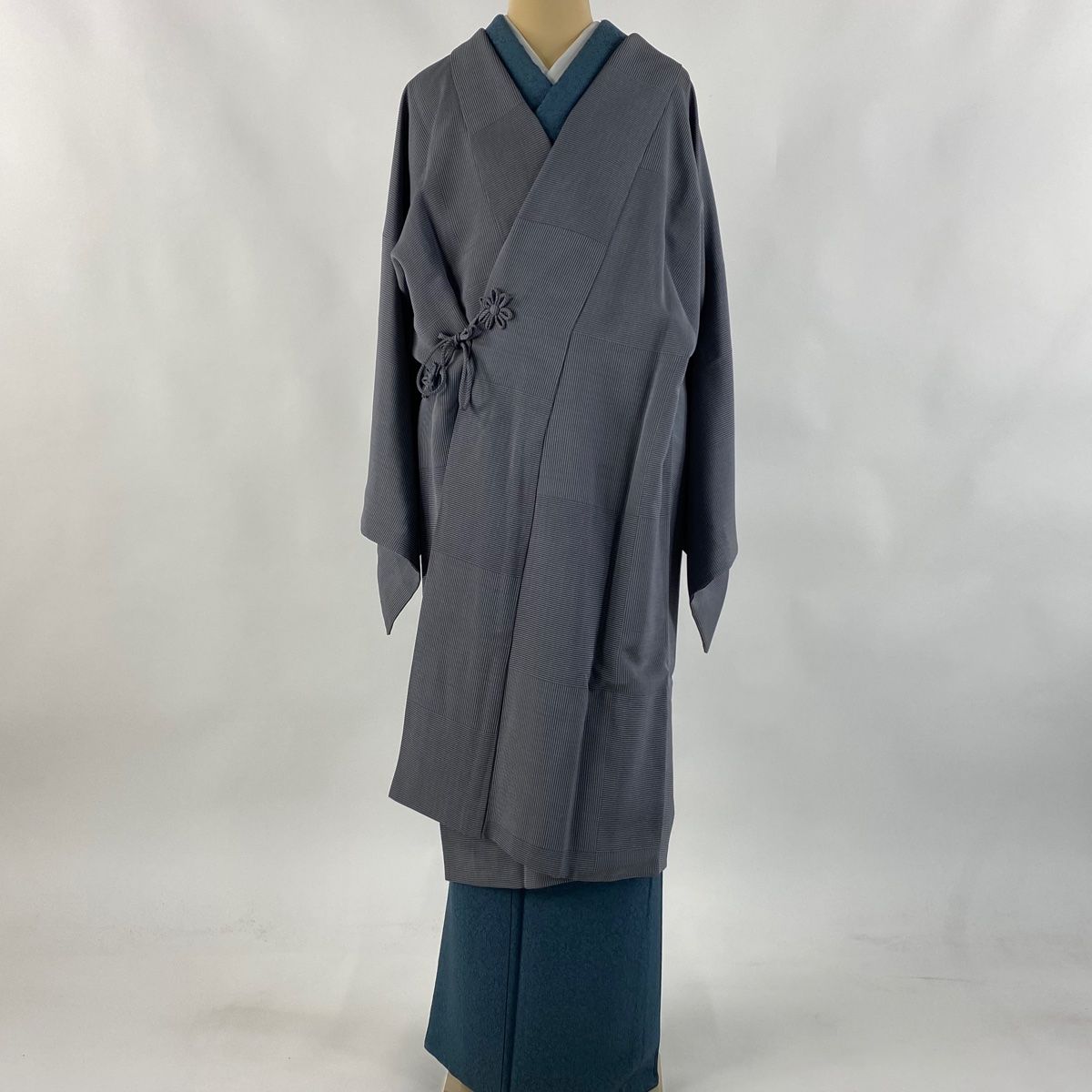 道中着 身丈112cm 裄丈69cm L 和装コート 幾何学模様 縞 灰色 正絹