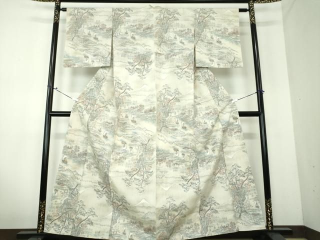 平和屋着物●小千谷紬　風景文　帆掛け舟　正絹　逸品　未使用　DAAV6652ps 平和屋着物○小千谷紬 風景文 帆掛け舟 正絹 逸品 未使用 DAAV6652ps