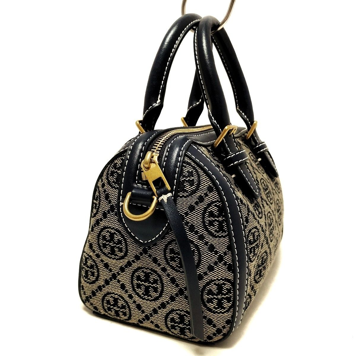 TORY BURCH トリーバーチ ハンドバッグ Tモノグラム ジャカード ミニ バレル ネイビー×グレーベージュ ミニボストン レザー