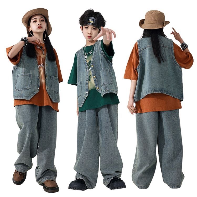 子供服 デニム服 キッズ ダンス 衣装 セットアップ 男の子 女の子 ヒップホップ キッズ ダンス衣装 セットアップ tシャツ ベスト デニムパ