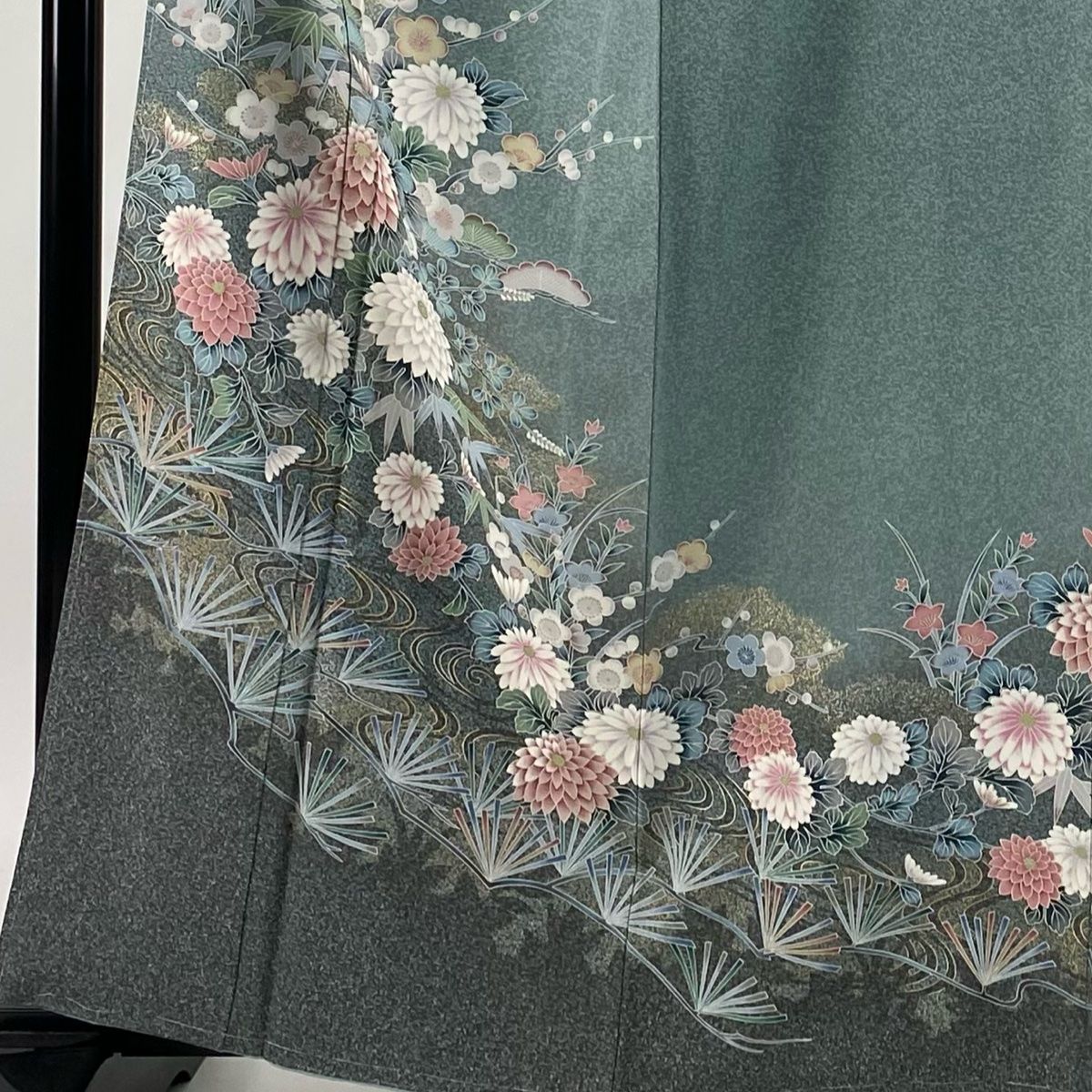訪問着 身丈162cm 裄丈64cm M 袷 袋帯セット 松竹梅 菊 金銀彩 ぼかし 灰緑 正絹 秀品