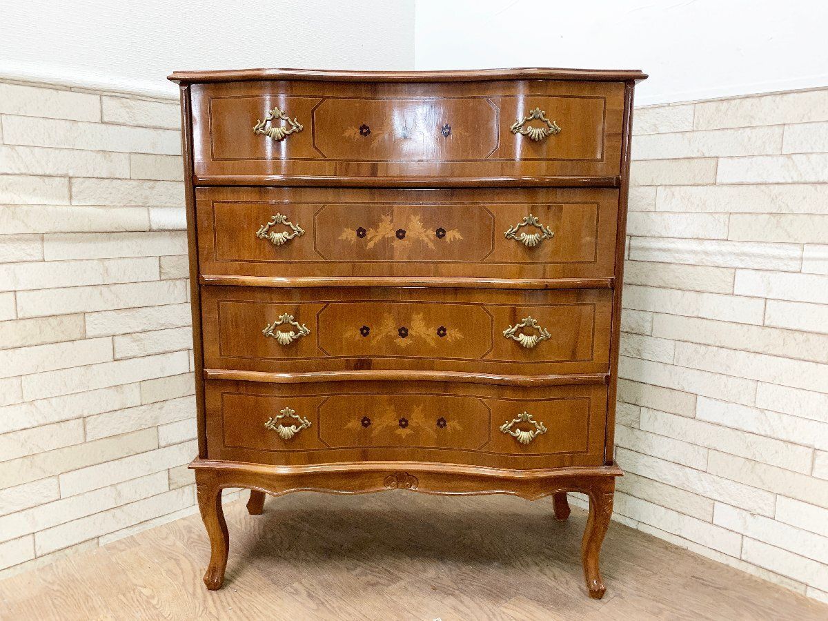 ビンテージ家具 イタリア家具 チェスト 象篏細工 猫脚 5段 引き出し