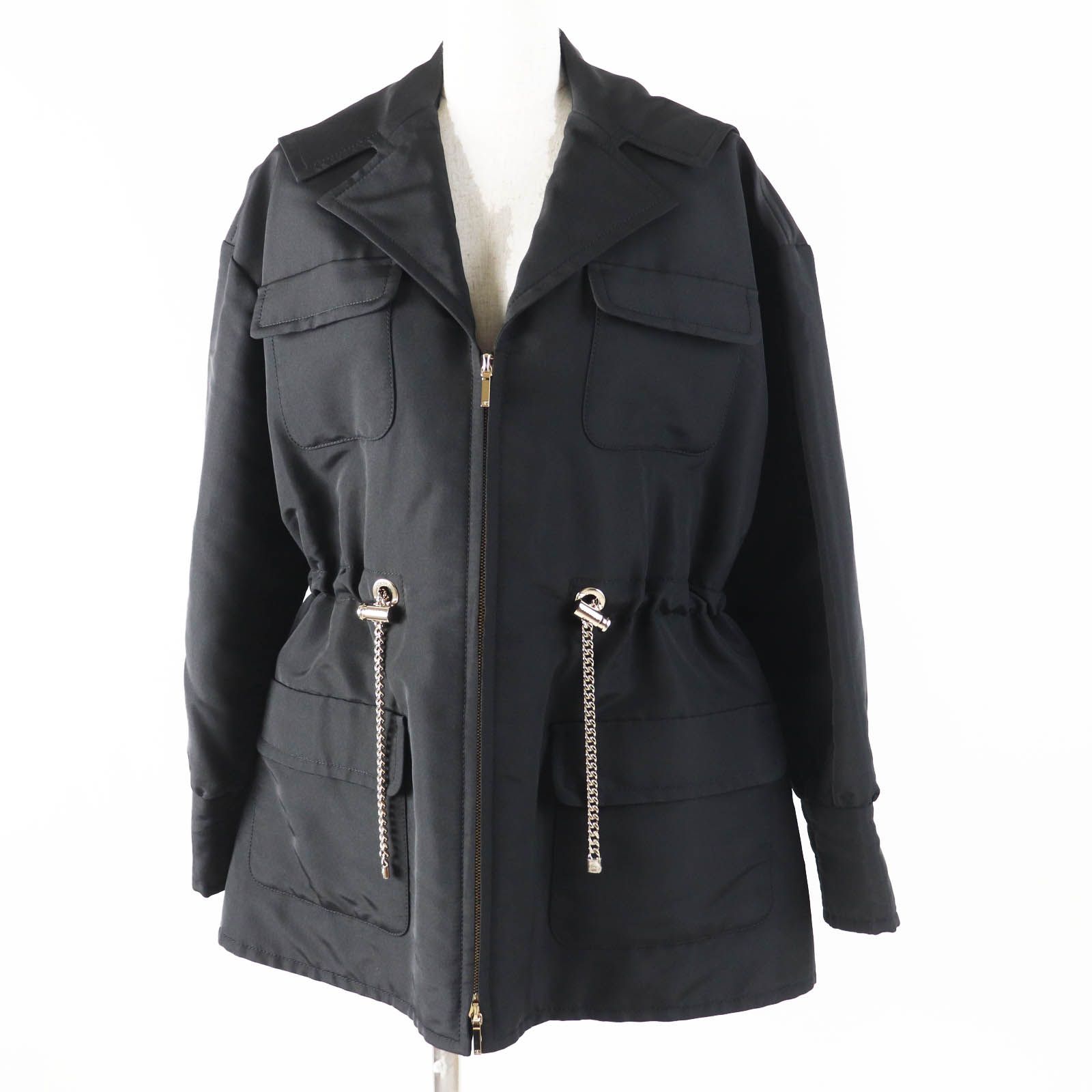 ◎CHANEL シャネル 23B P75490 シルク100％ ココマークチェーンデザイン ジップアップ パーカー ジャケット ブラック ゴールド金具 34 イタリア製 レディース