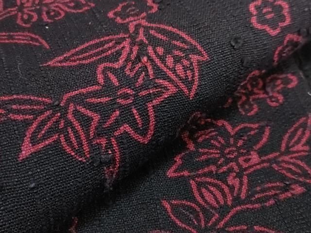 平和屋本店■極上　浦野理一　経節紬　型染　九寸名古屋帯　草花文　烏羽色地　逸品　DZAB1247kh5 平和屋本店□極上 浦野理一 経節紬 型染 九寸名古屋帯 草花文 烏羽色地