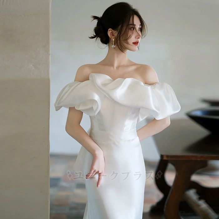 新婦 前撮り 後撮り 兼用ドレス オフショルダー シンプルデザイン フォトウェディング 二次会 結婚式 衣装 軽量 動きやすい ロング丈 花嫁様用