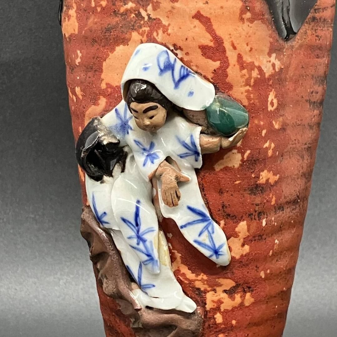 隅田焼　石黒 香二造　高浮彫　人物図　辰砂釉　花瓶　明治期 　署名あり 隅田焼 石黒 香二造 高浮彫 人物図 辰砂釉 花瓶 明治期 署名あり