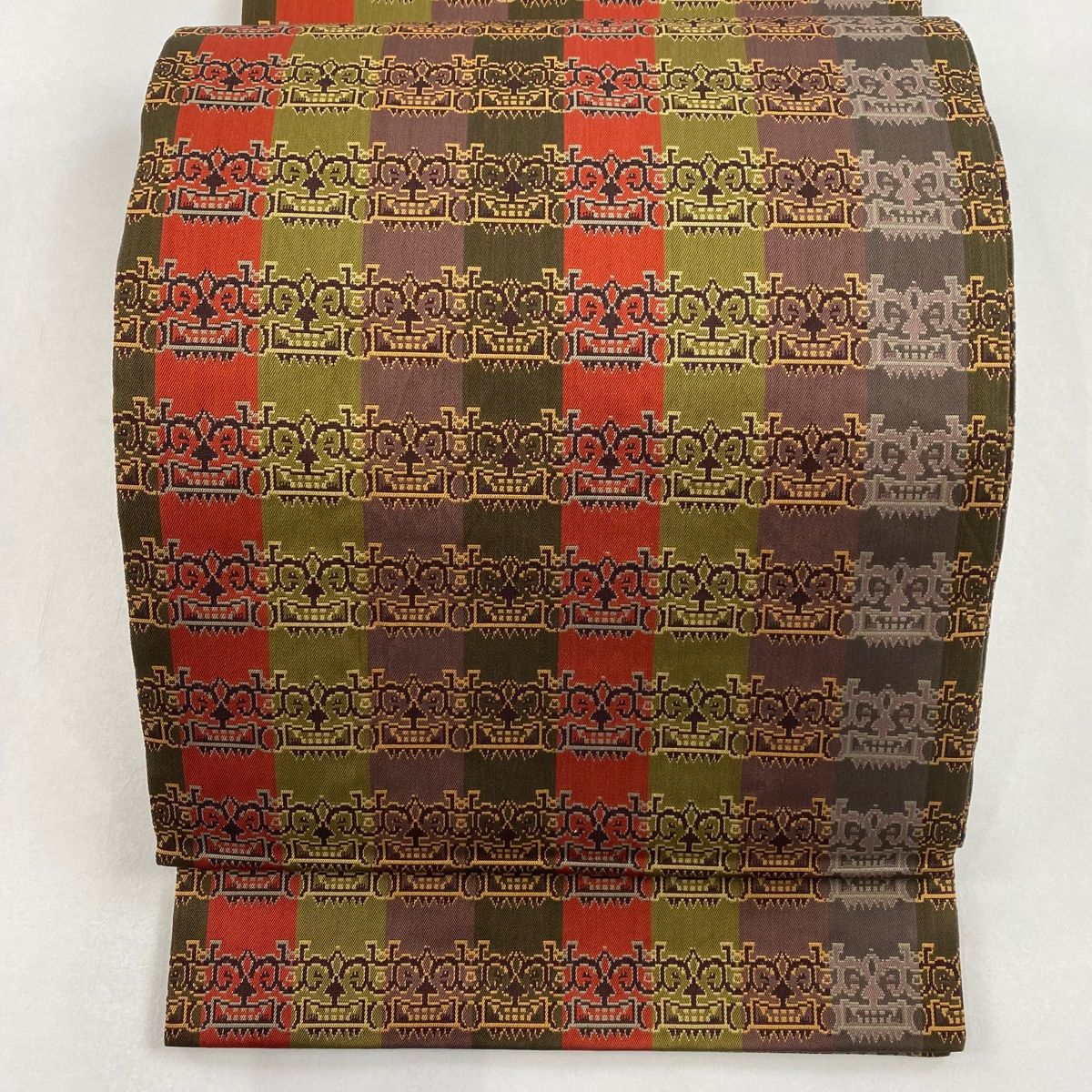 開き名古屋帯 美品 名品 龍村美術織物 獅噛文長斑錦 灰緑 正絹 【中古  