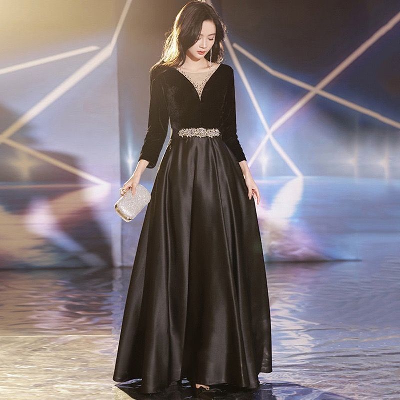 ロング演奏会 結婚式 黒 ワンピース 長袖 パーティードレス イブニングドレス フォーマル