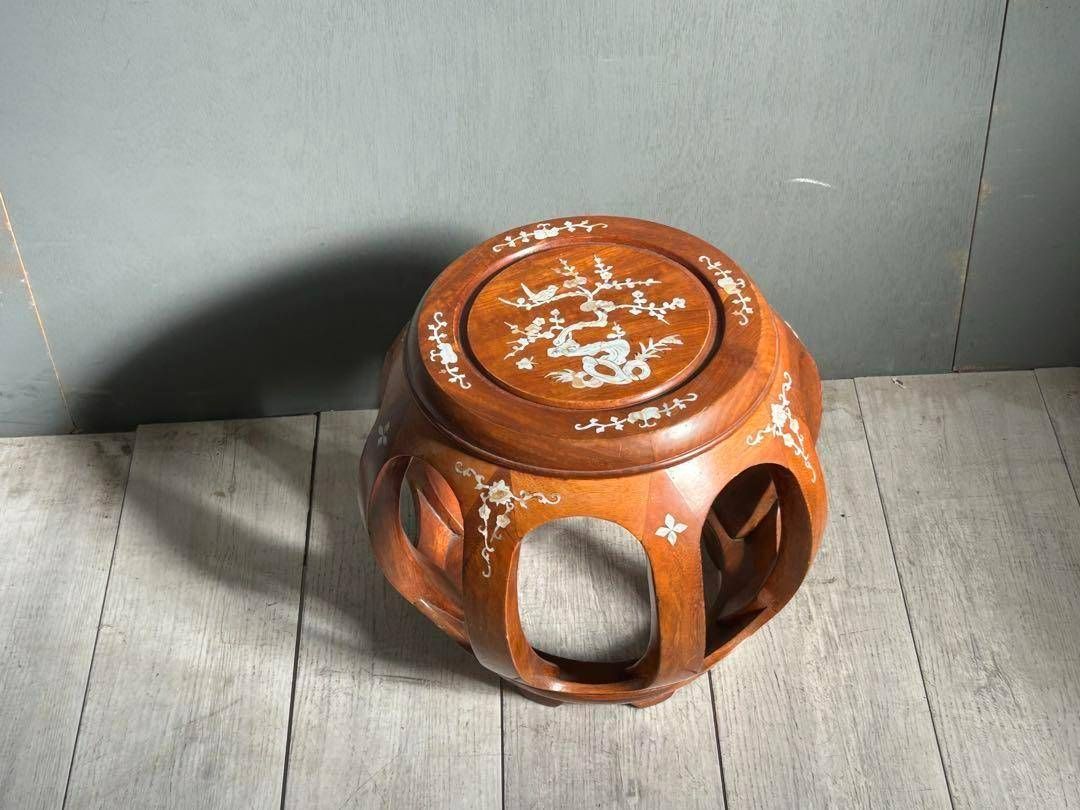美品】花梨 螺鈿細工 丸椅子 スツール 腰掛け 中国美術 工芸品 レトロ