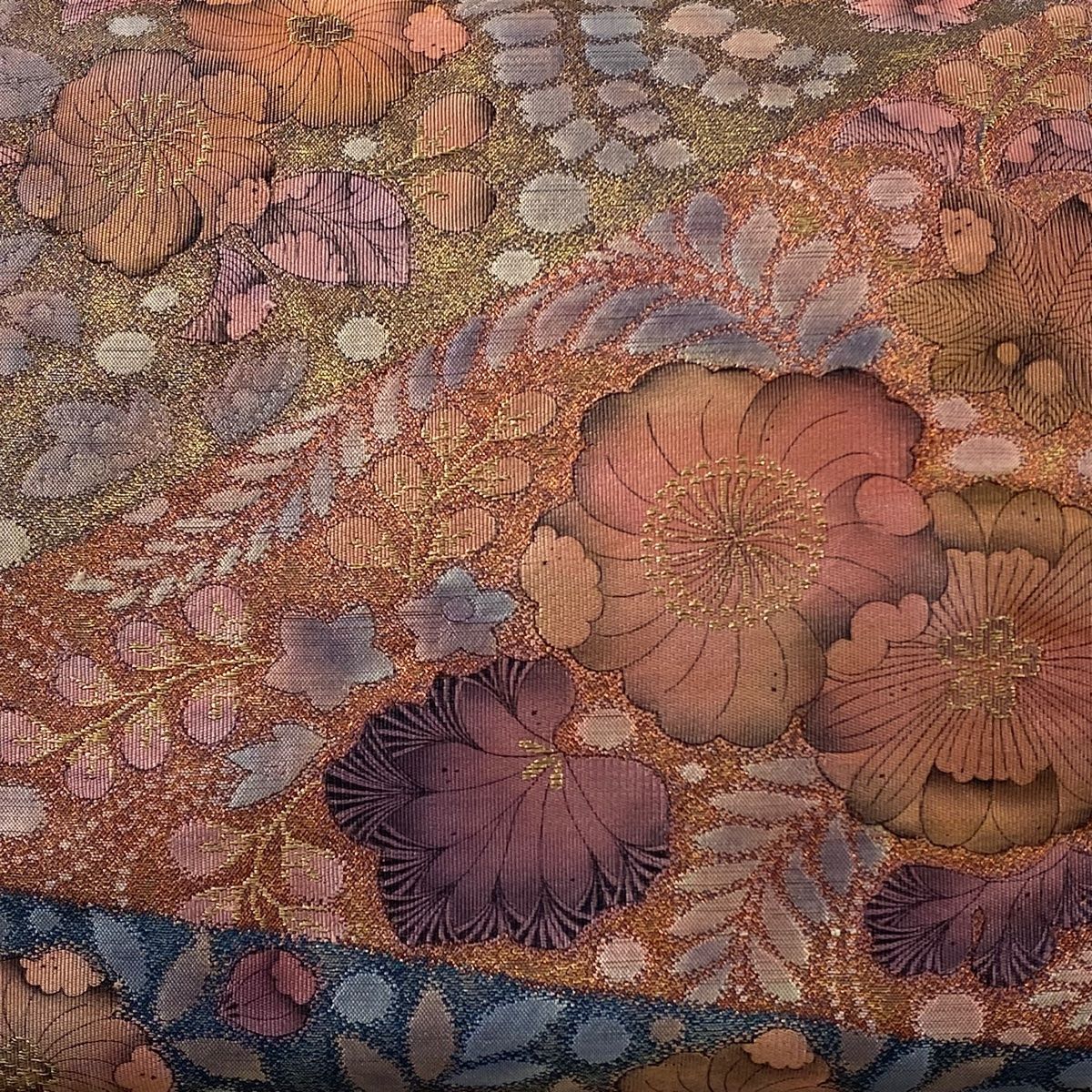 袋帯 美品 秀品 切取辻が花文 金糸 茶紫 お太鼓柄 正絹 【中古