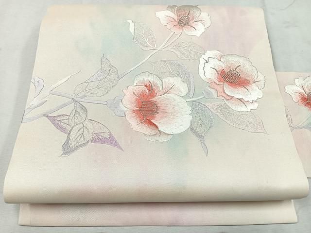 平和屋着物◎九寸名古屋帯 総刺繍 枝椿 銀糸 正絹 逸品