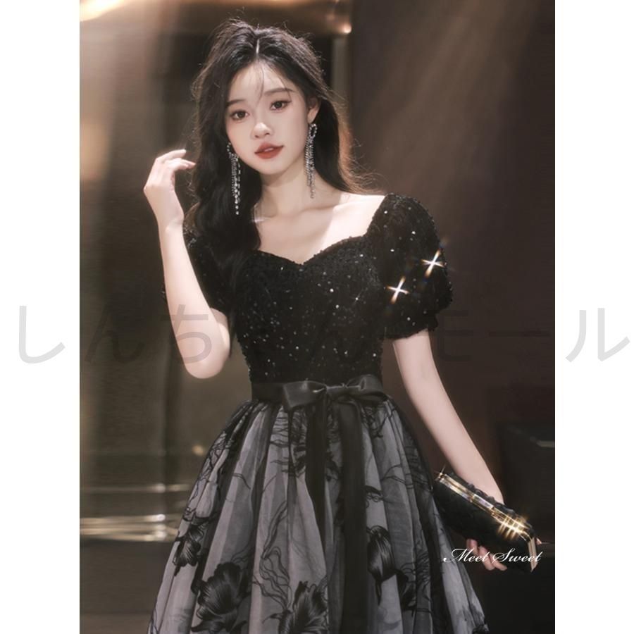 ドレス ロングドレス パーティードレス ブラック 半袖 花柄 黒 ウェディングドレス ウエディングドレス 結婚式 二次会 花嫁 前撮り MAAHADDERANG_COM