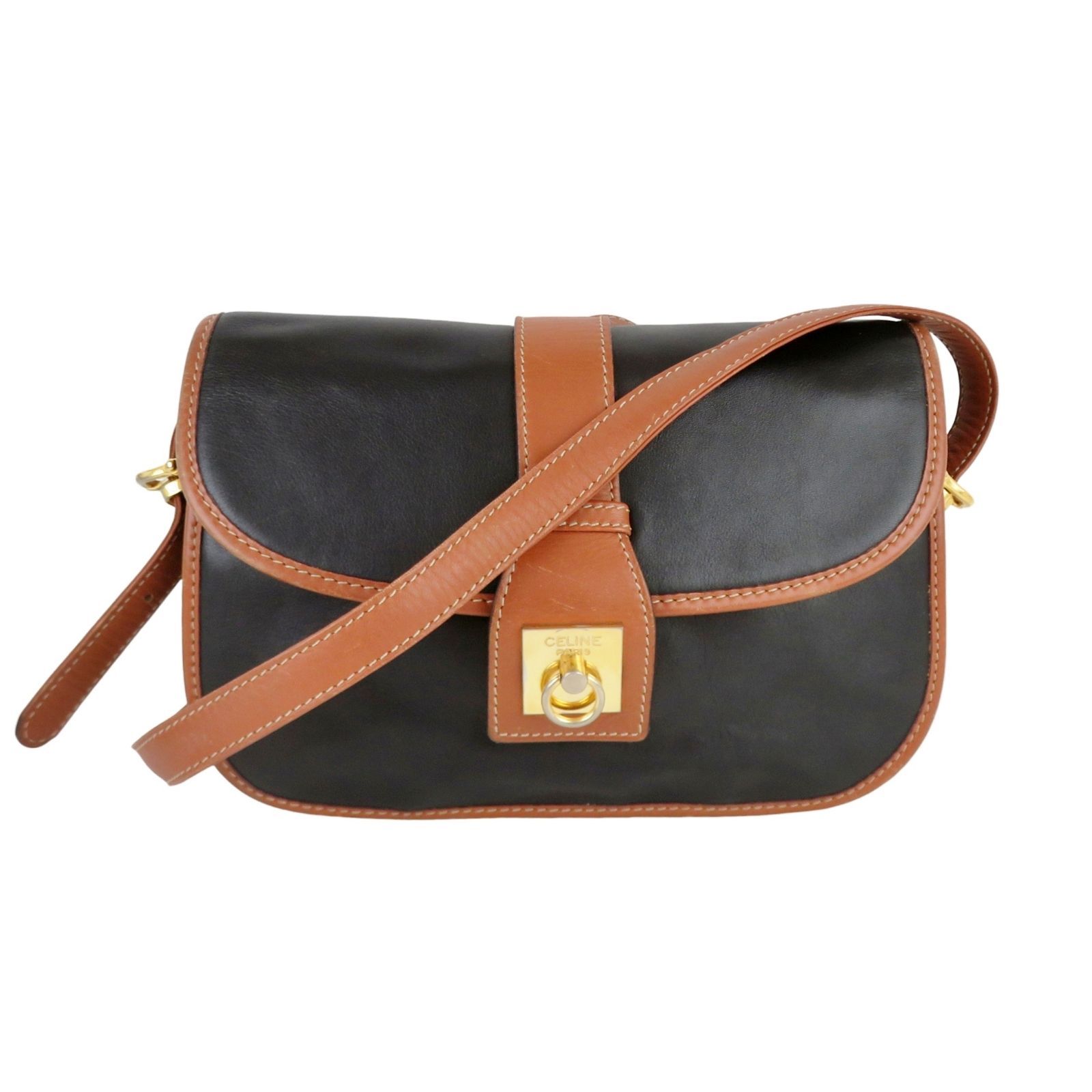 CELINE セリーヌ ガンチーニ ショルダーバッグ レザー ブラックｘブラウン イタリア製 rk10371 14,560円