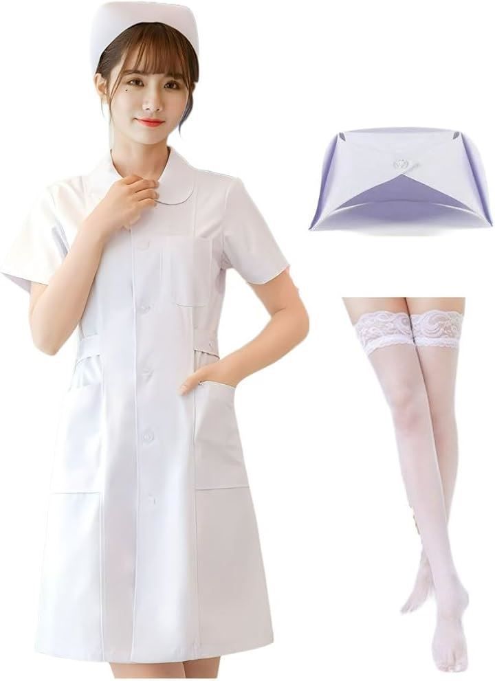 新品OJUMAH ナース コスプレ 帽子 ストッキング 付 ハロウィン 仮装 看護師 制服 膝丈(ホワイト XL)