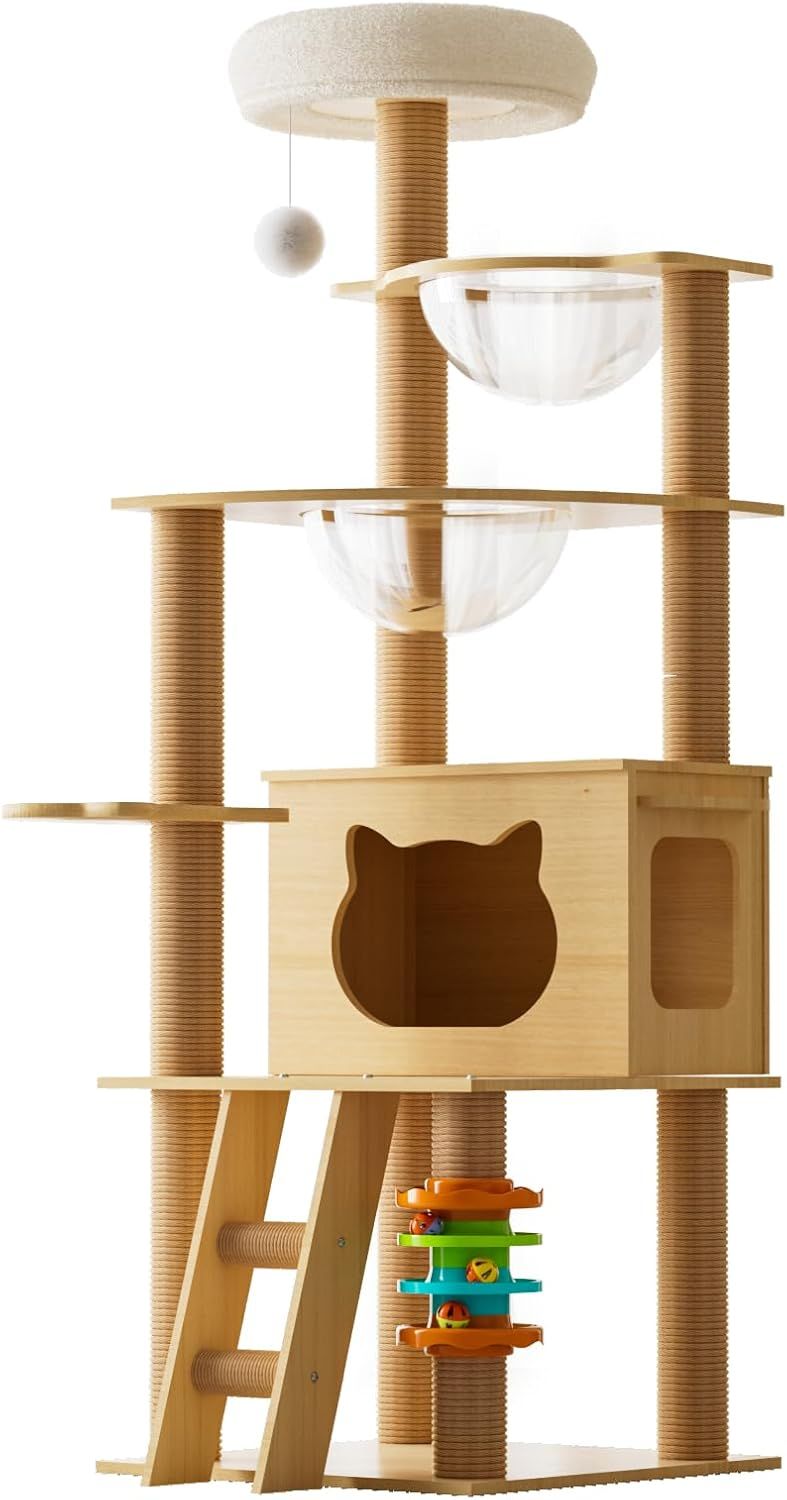 Elegaif キャットタワー 木製 猫タワー スリム 大型猫用 140cm 据え置き 省スペース 透明ボウル 宇宙船付き 多頭飼い 猫ハウス 太った猫 シニア猫 短足猫 子猫向け 見晴台 頑丈 安定感 天然麻紐 多ステップ 階段付き 爪とぎ 運動不足解消