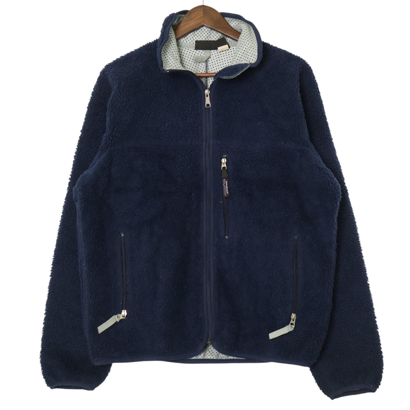 90年代 USA製 patagonia パタゴニア レトロカーディガン フリースジャケット アウトドア ネイビー (メンズ M) 中古 古着 A3024