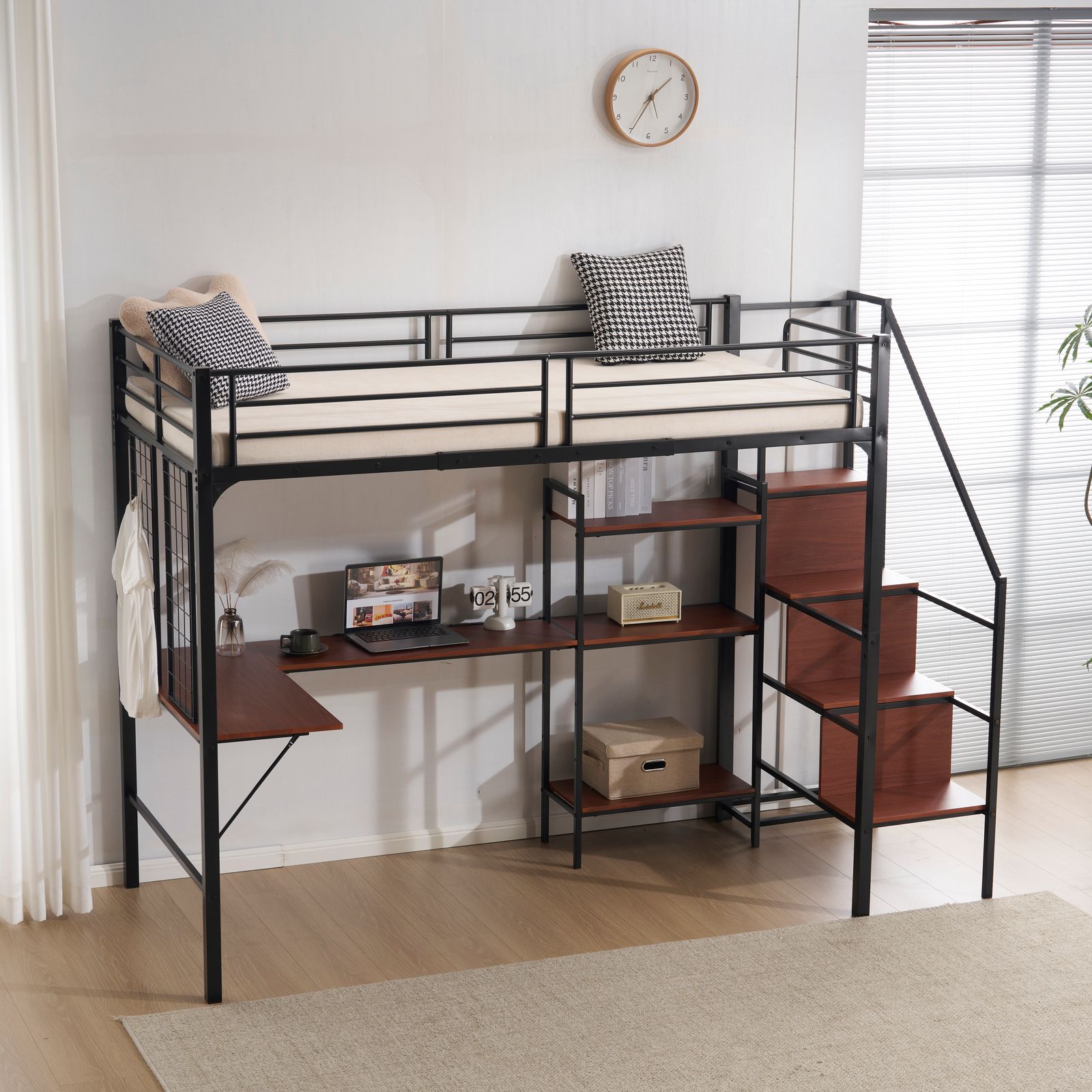 12 割 2025 ロフトベッド シングル 収納棚付き デスク付き 階段付き 北欧風 木目 子供ベッド 大人ベッド 一人暮らし スチール 耐震 ベッド ブラック TALLINNNEXPO_COM
