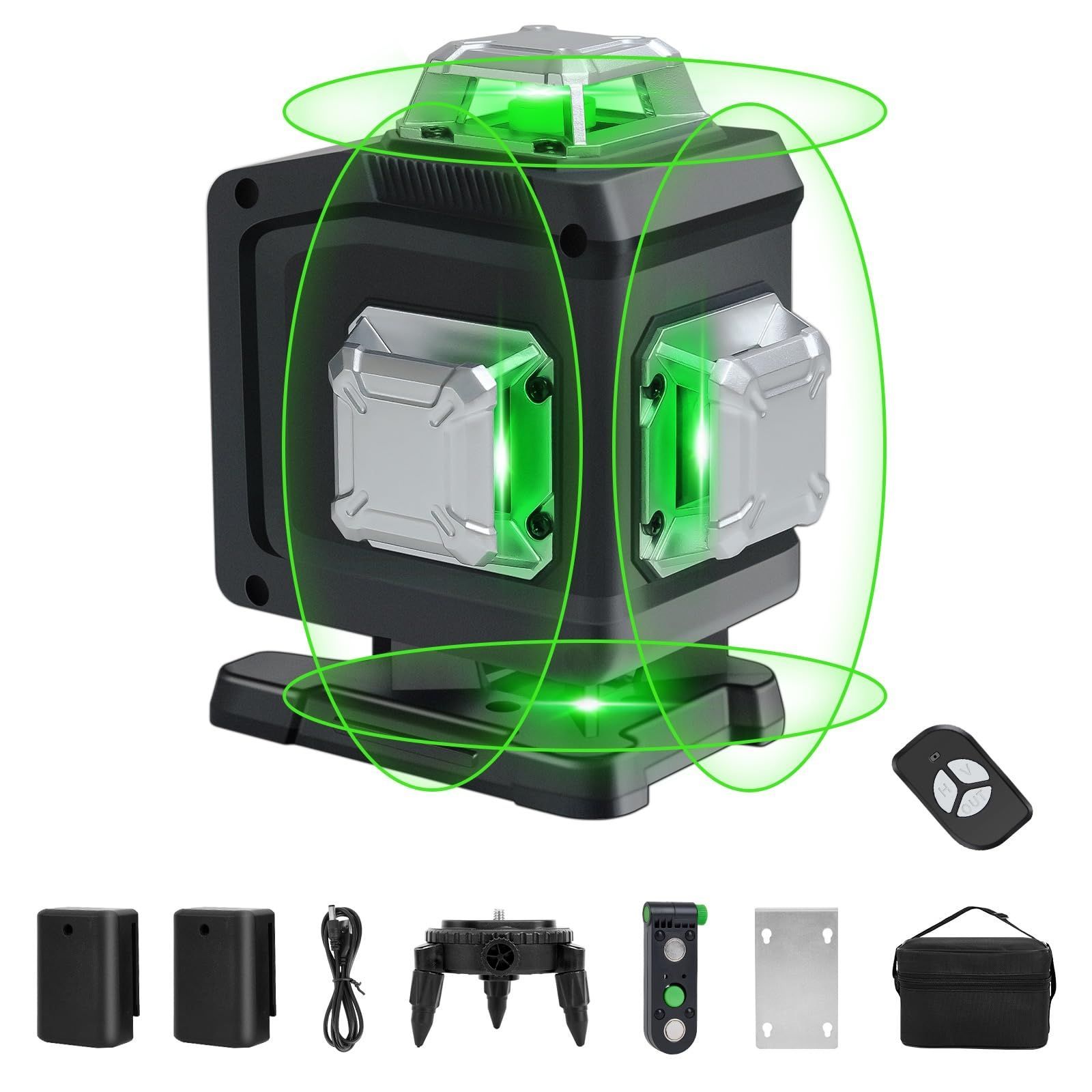 レーザー墨出し器 墨出しレーザー 4Dグリーンレーザー墨出し器 4x360° 水平器 レーザー ビルドとアライメント用 充電式バッテリー リモコン 磁気回転スタンド レーザー安全基準 クラス2 16ライン 16X-A