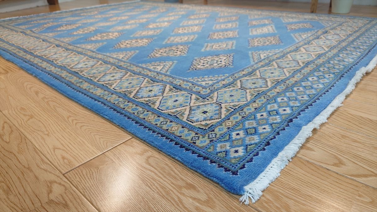パキスタン絨毯 ラグ 201x141cm 軽くて畳める手織りラグ ブルー
