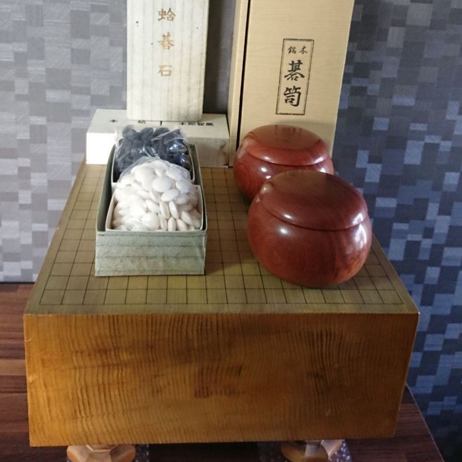 高級囲碁セット 碁盤+日向特製本蛤碁石 雪印 35号+銘木碁笥 カリン