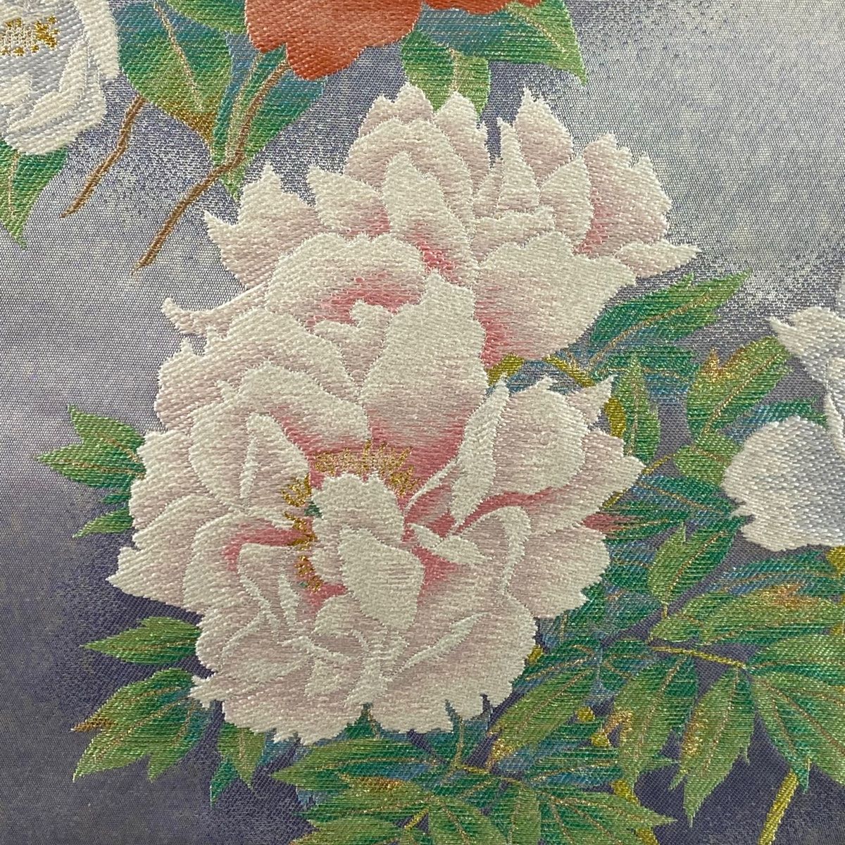 袋帯 美品 名品 じゅらく 落款 山口華楊 華静 牡丹 椿 箔 金糸