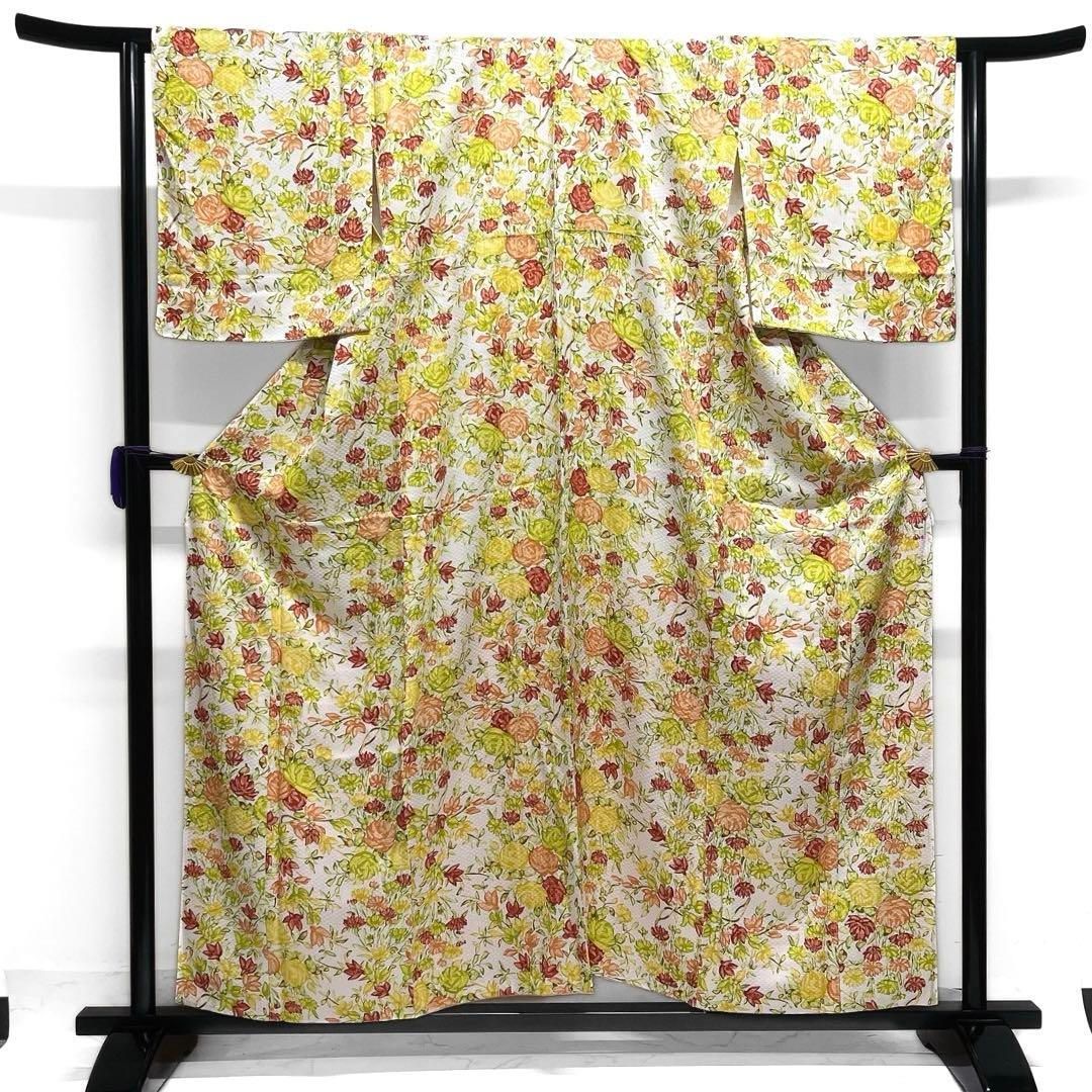 小紋 花模様 麻の葉地紋 白地 カラフル お洒落 着物 014a d - メルカリ 