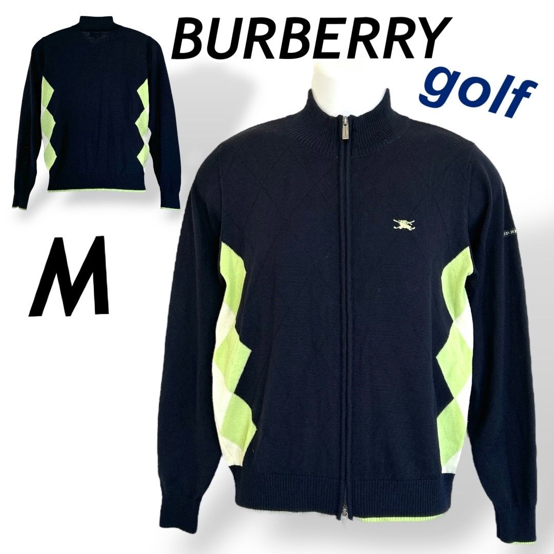BURBERRY GOLF バーバリー ゴルフ メンズ ニットジャケット M 薄手 フルジップ ゴルフウエア 刺繍ロゴ BFT66-514-29 三陽商会 アーガイル柄 ネイビー系 (A43)