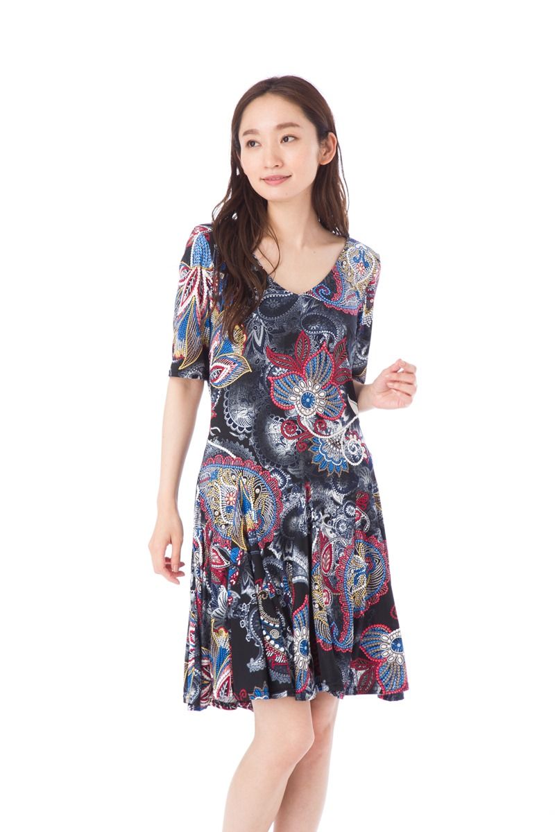ファス FAS ワンピース T2 T3サイズ 半袖 Vネック ジャージー 膝丈 ワンピース 上品 大きいサイズ 大人ワンピース