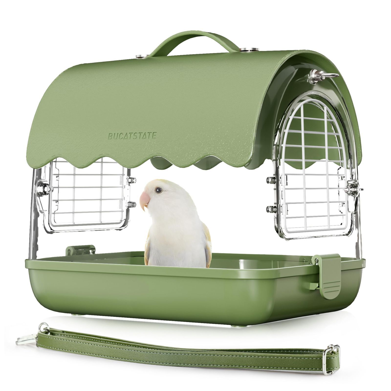 Green BUCATSTATE お出かけ ケージ 飼育ケージ 鳥かご バードケージ 持ち運び 通気 透明 シェード付き おしゃれ 手提げ 肩掛け 2WAYタイプ インコ ハムスター ハリネズミ 爬虫類など小動物用 おでかけ ケージ グリーン