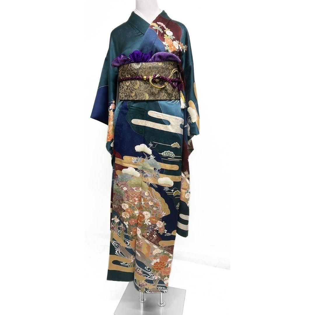 305 吉祥花文 超美品 駒刺繍 疋田染 金彩 振袖フルセット正絹 青緑 裄67 305 吉祥花文 超美品 駒刺繍 疋田染 金彩 振袖フルセット正絹