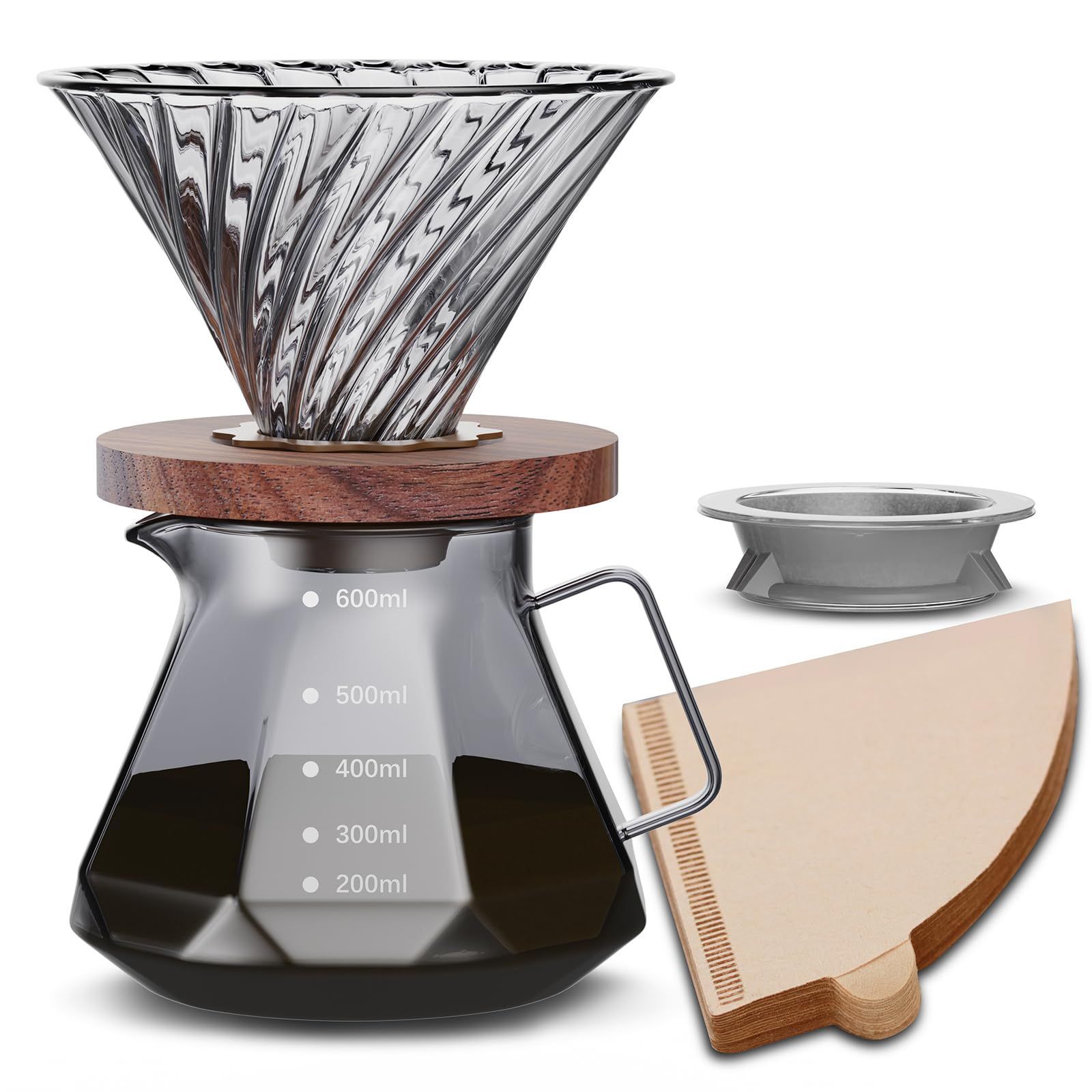 【在庫一掃】フタ付き 電子レンジ可 ハンドドリップコーヒーサーバー 器具 ドリップ コーヒー コーヒードリップセット 2~4人用 目盛付き 600ml 喫茶店 コーヒードリッパー 木製ホルダー 耐熱