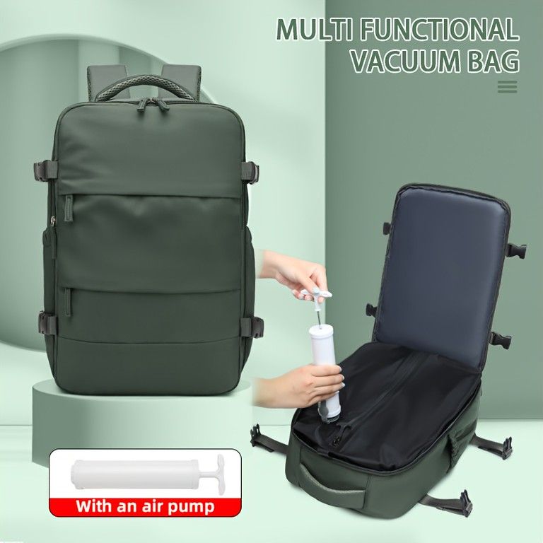 発送 真空圧縮 トラベルバックパック エアポンプ付属 17インチPC収納 超軽量ナイロン製 ビジネス出張 ジム 通勤に最適 ブラウン グリーン エアポンプ × 1