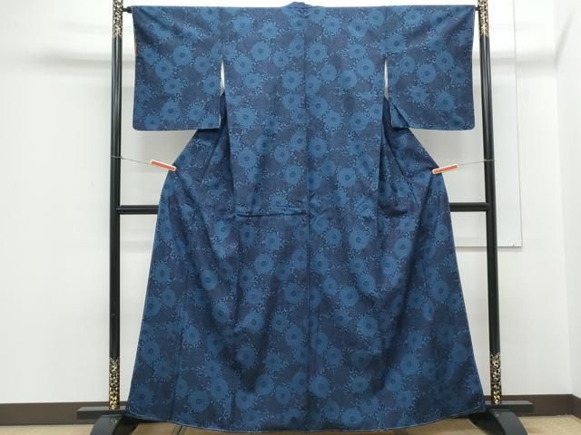 平和屋着物●上質な小紋 紬地 本藍 型染め 草花文 正絹 ♥ CAAY9422th