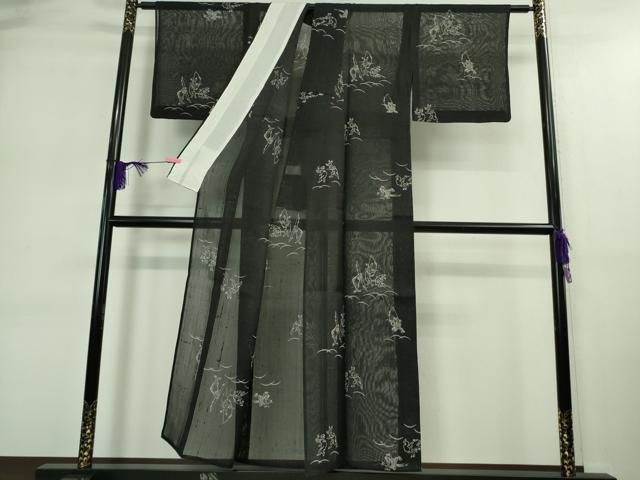 平和屋着物 上 夏物 絹芭蕉 紗紬 鳥獣戯画 黒地 DZAA9164kh5