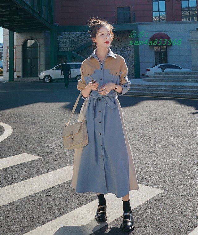 デニムワンピース シャツワンピース 長袖 デニム ワンピース レディース 大きいサイズ 春 Aライン ファッション 韓国 秋 3L ウエストマーク ロングコート am4a853968