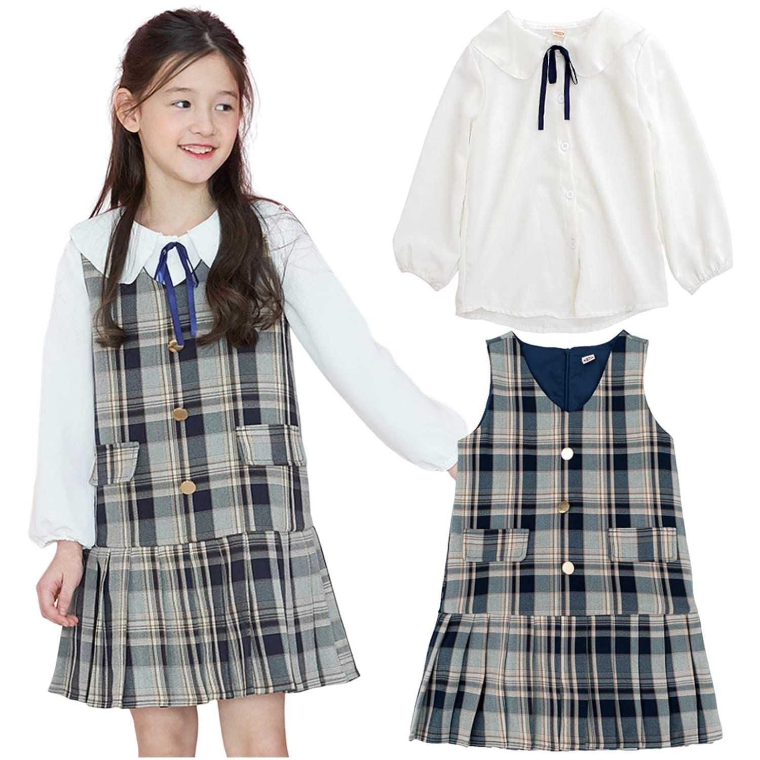 グレー_110 LIANFOR 子供服 子供ワンピースのスーツ 女の子 タンクトップとスカートの2点セット 長袖 中大きい子供ドレス 入学式 卒業式 春秋のワンピースのスーツ グレー 110