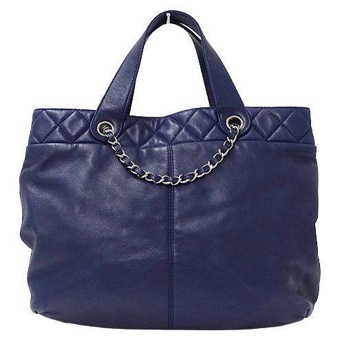 CHANEL グレー ネイビーリバーシブル　 レザー トートバッグ シャネル リバーシブル マザーズバッグ CC ポーチ付き ココ