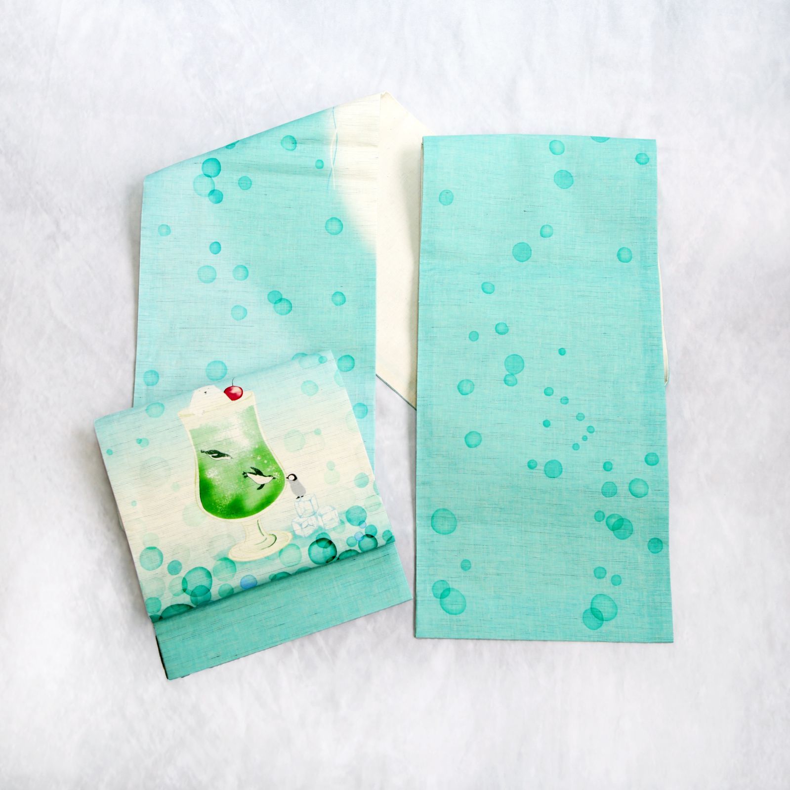 新品・未使用 京袋帯 麻 召しませ華 召しませ花 夏用【クリームソーダ／ブルーグリーン】お仕立て上がり 着物 帯 カジュアル 一重太鼓 OB-87 新品・未使用 京袋帯 麻 召しませ華 召しませ花 夏用【クリームソーダ