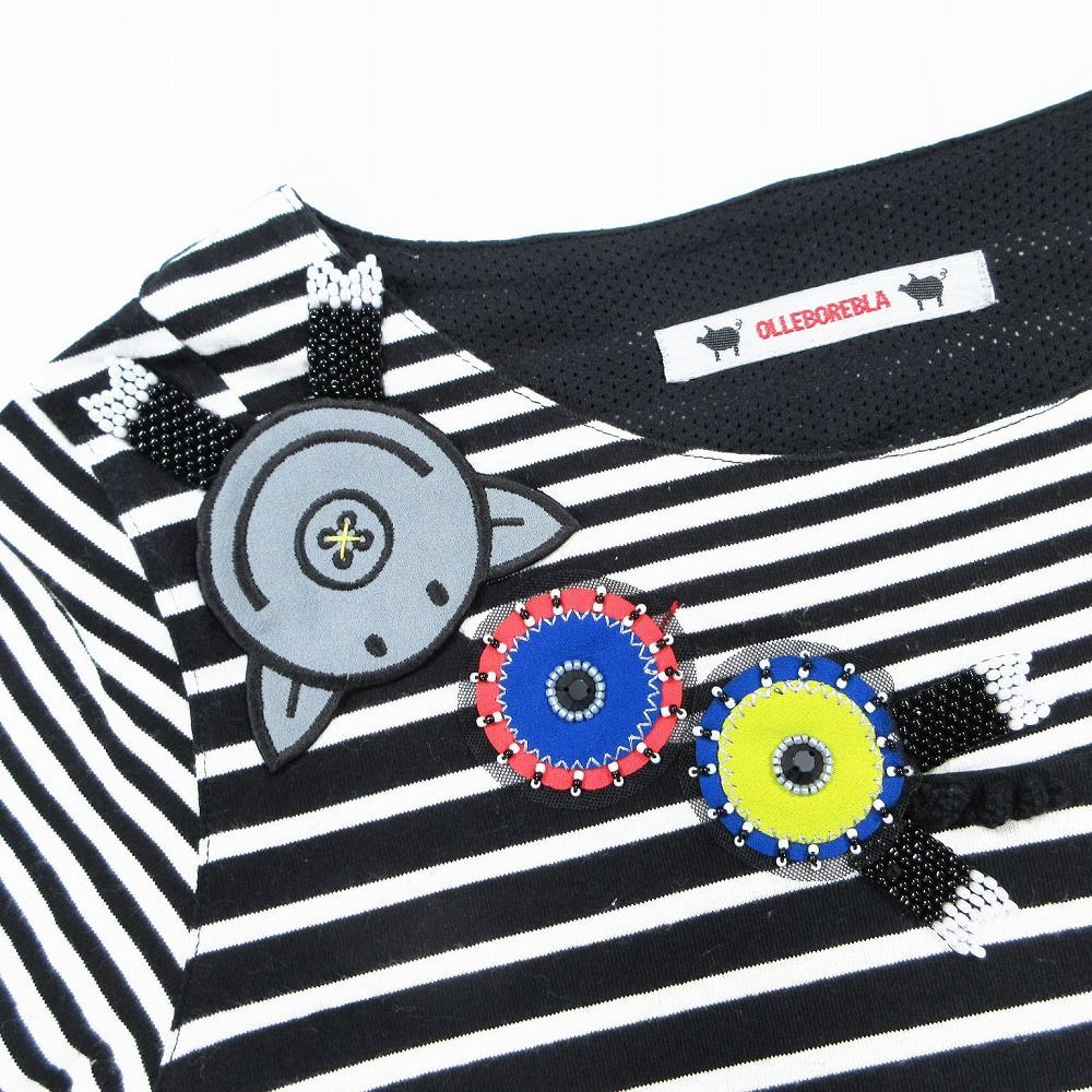 アルベロベロ ALBEROBELLO オレボレブラ ボーダー柄 ブタさん カットソー Tシャツ 七分袖 トップス 黒白 レディース 【中古】 アルベロベロ ALBEROBELLO オレボレブラ ボーダー柄 ブタさん