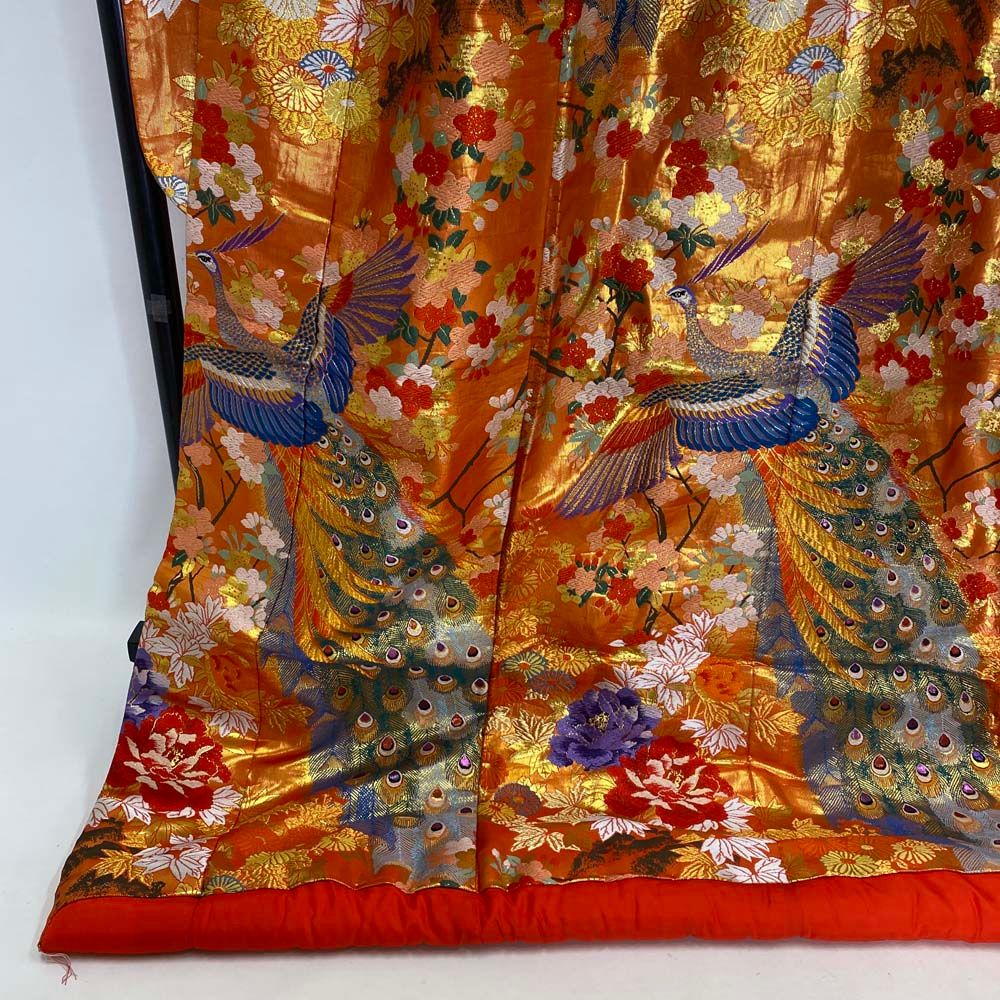 色打掛 正絹 鶴 刺繍 オレンジ 金 打掛 Lサイズ 裄67 花嫁衣裳 婚礼
