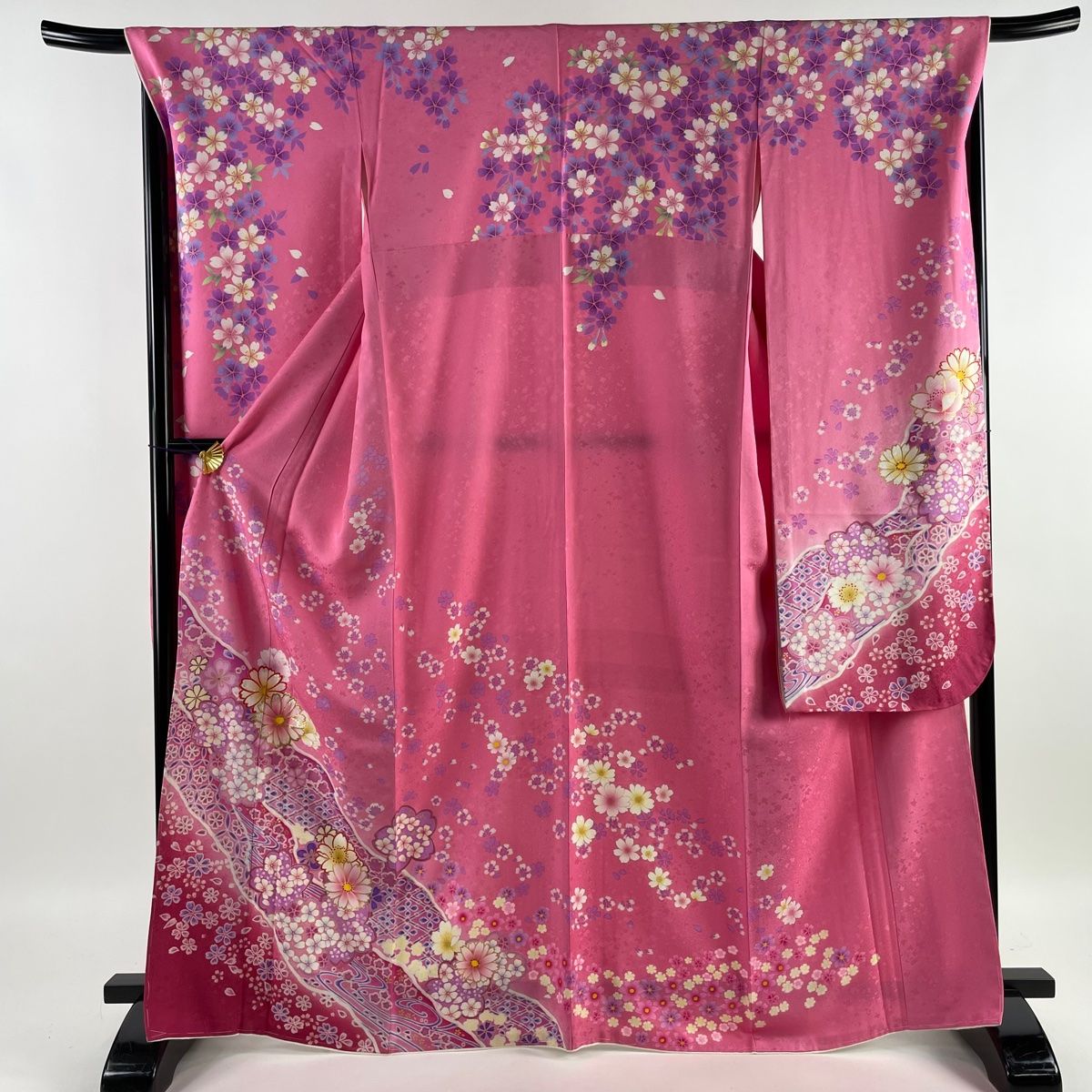 振袖 身丈166.5cm 裄丈68.5cm L 袷 花 桜 箔 銀通し ピンク 正絹 美品 