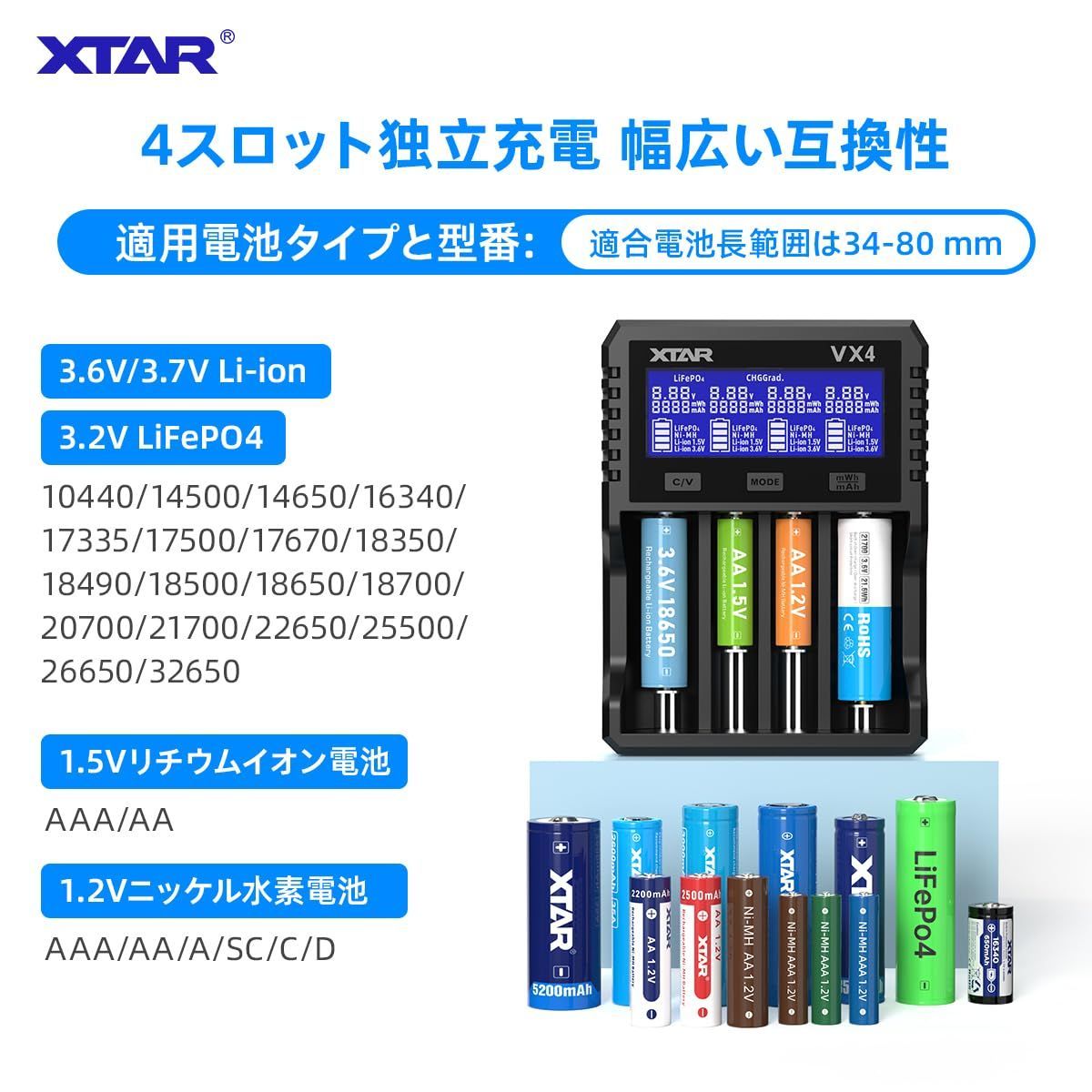 新品 XTAR VX4電池充電器 単三・単四 1.5Vリチウム電池/1.2V