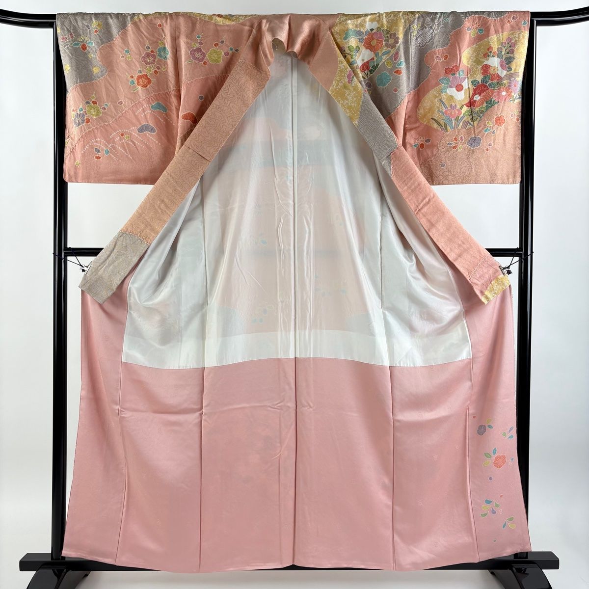 訪問着 身丈159cm 裄丈66.5cm M 袷 購入 草花 流水 金彩 ピンク 正絹