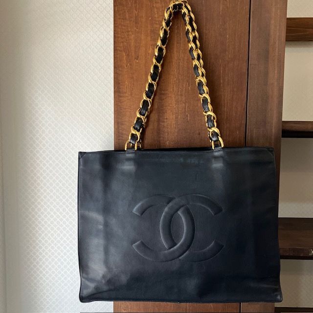 CHANEL シール有デカココラムスキン チェーントートバッグ ゴールド