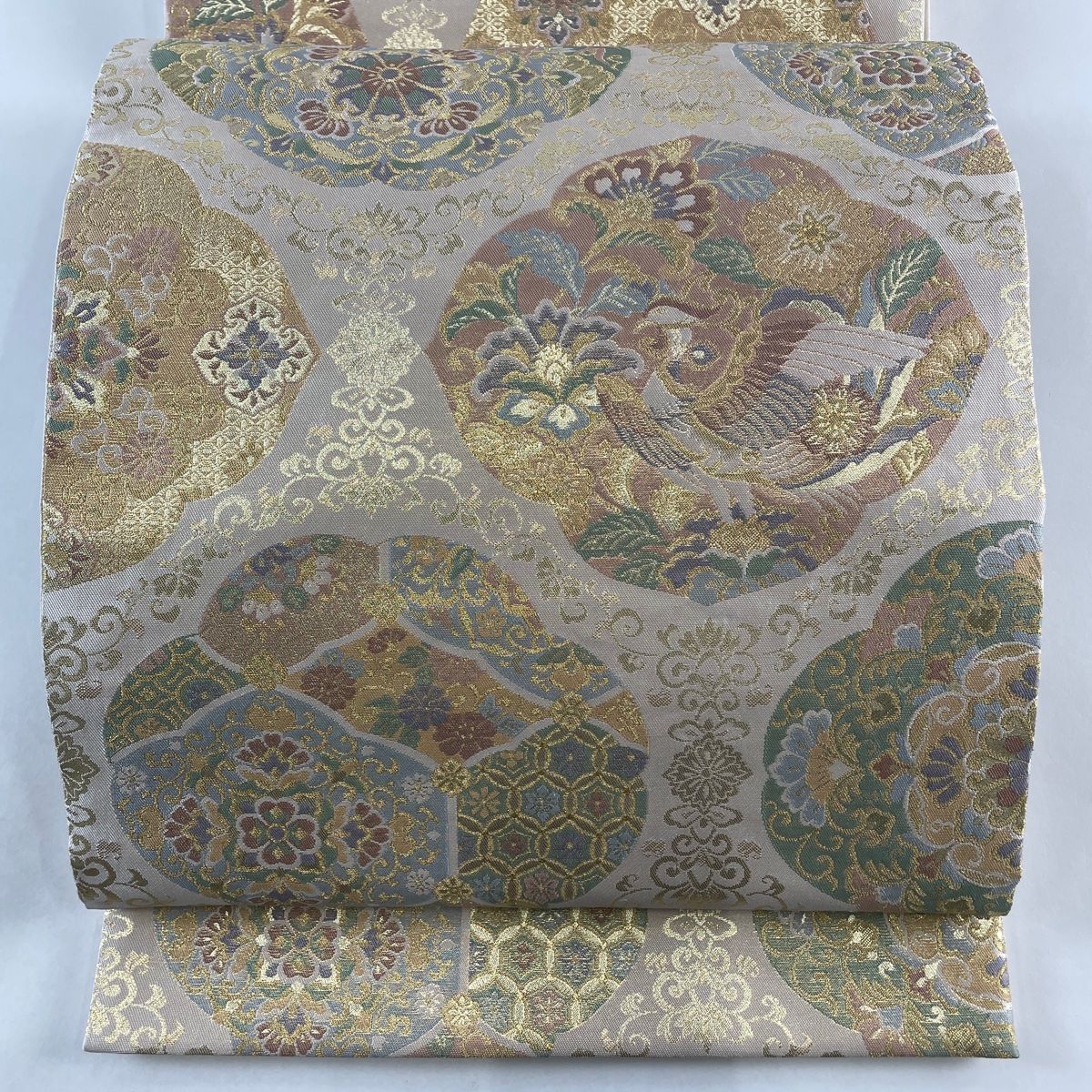 袋帯 美品 秀品 華文 鳳凰 金糸 箔 クリーム 六通 正絹 【中古 